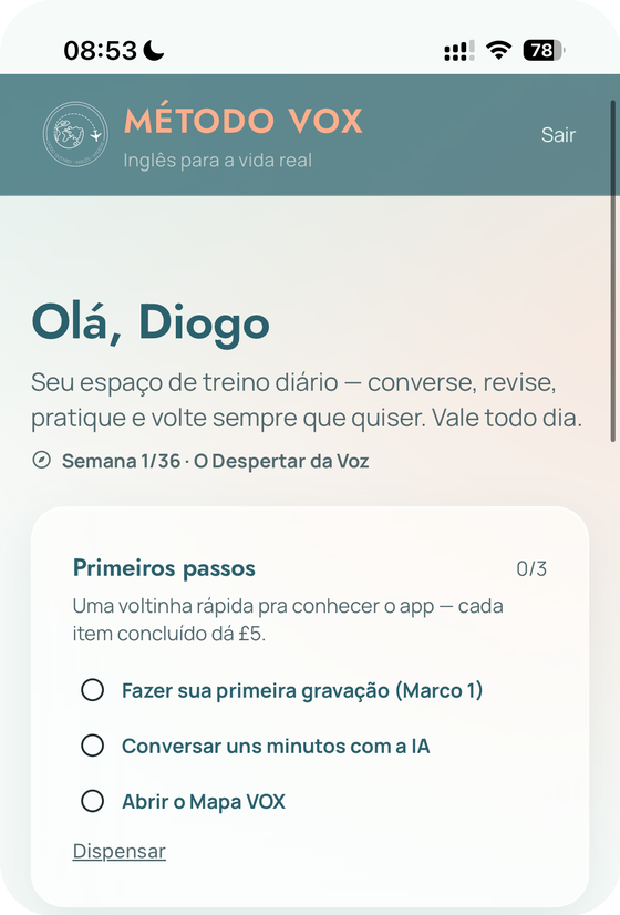 Tela inicial do App VOX mostrando o Marco 1